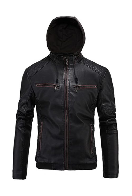 Men’s Vintage Biker Black Hood Leather Jacket