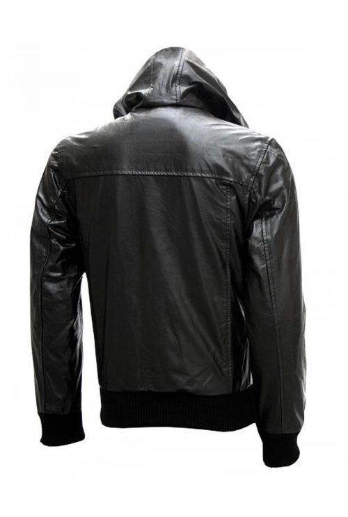 Men’s Black Bomber Leather Jacket with Hoodie 2