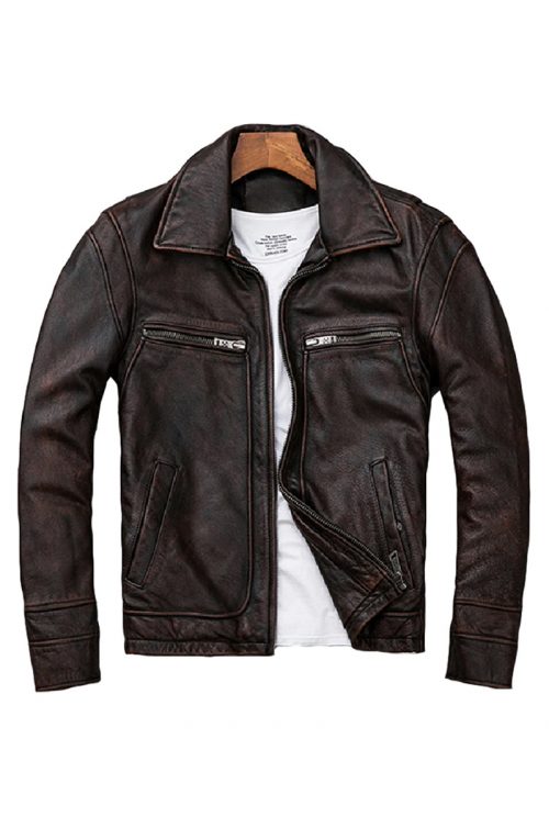 Mens Cross Zip Belted brown 3 4 Leather Jacket