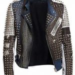 Punk style studded genuine leather jacket